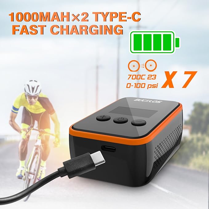 BUCKLOS Mini Electric Bike Pump with LED Display, 150PSI Portable Tire Inflator, Type-C Rechargeable Air Pump with 2000mAh Battery, Presta & Schrader Valves, for Road, Mountain Bicycle and E-Bikes