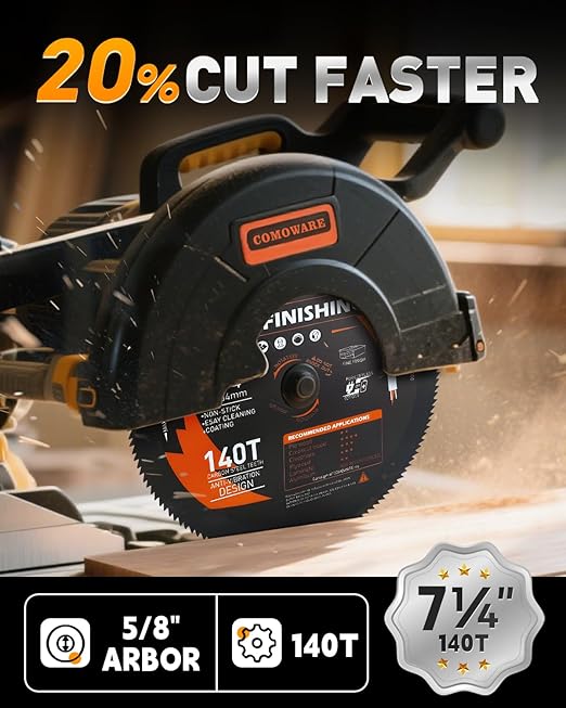 COMOWARE 7-1/4“ Circular Saw Blade, 140T Table Saw Blade, 5/8" Arbor, ATB Circular Saw Blade, Anti-Vibration, Teflon Anti-Stick, Miter Saws Blades for Wood, Laminate, Plywood & Hardwoods