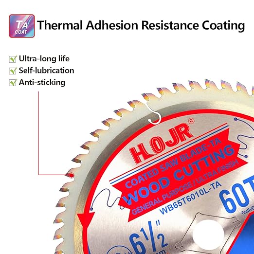 2-Pack 6-1/2" 60-Tooth 5/8" Arbor Woodworking Circular Saw Blade,Ultra Finish/General Purpose,Special Anti-Thermal Adhesion Coating on Cutting Edge-TA,High Finish, Long Life,6-1/2" 60T 5/8"