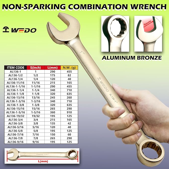 WEDO Non-Sparking Combination Wrench, Spark-free Safety Combination Spanner, Aluminum Bronze, Die-Forge, DIN 3113, BAM & FM Certificate, Size 1/2", 175mm Length