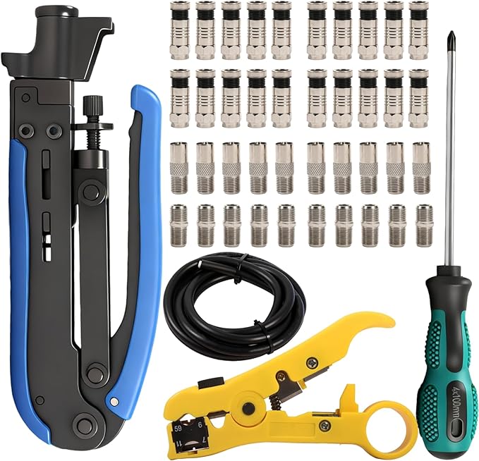 XINTAIHELE RG6 Compression Connectors Coax Cable Crimper Tool Kit,Coaxial Cable Repair F RG6 RG59 Fitting Wire Coax Stripper 20PCS F-Type Male Connector Coaxial Cable 2M