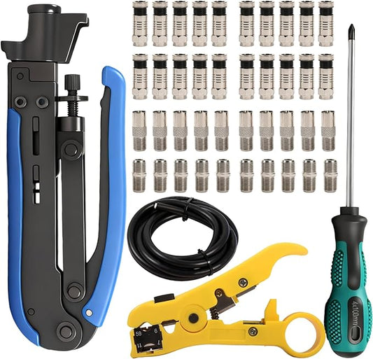 XINTAIHELE RG6 Compression Connectors Coax Cable Crimper Tool Kit,Coaxial Cable Repair F RG6 RG59 Fitting Wire Coax Stripper 20PCS F-Type Male Connector Coaxial Cable 2M