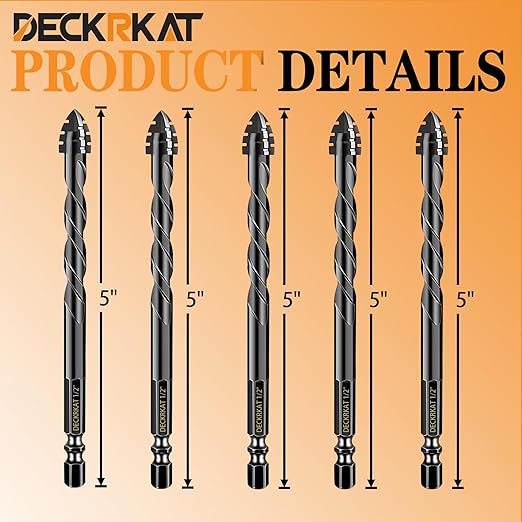 DECKRKAT Upgraded 5-Piece 1/2 Inch Black 4-Flute Serrated Masonry Drill Bits - Concrete, Tile, Glass, Brick, Ceramic, Plastic, Wood