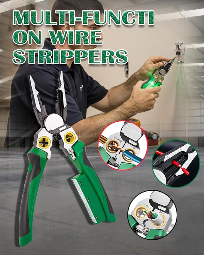 Chicat 8-in-1 Wire Stripper with Voltage Tester,Multi-function Electric Pliers,Professional Wire Cutter & 12V-250V AC/DC Neutral Tester,Electrician Tools & DIY Tool (Green)