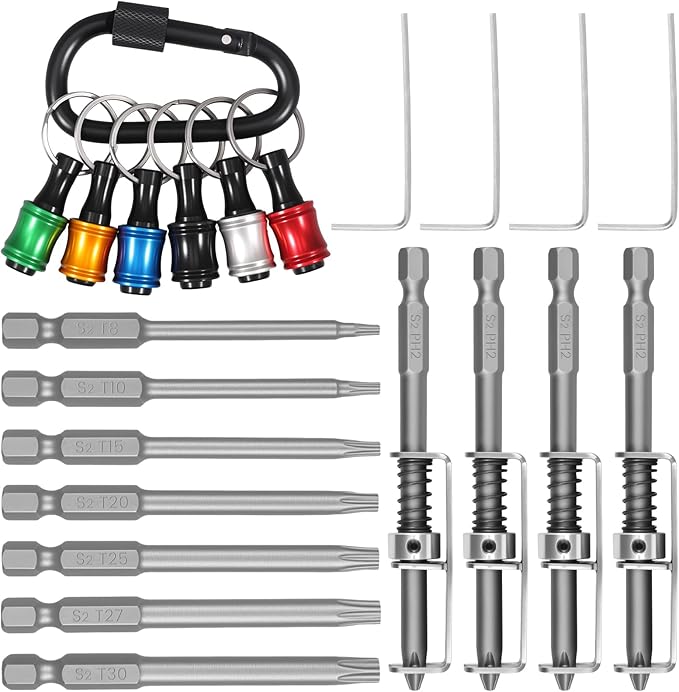 Bit Holder Keychain Tool with1/4?쏦ex Shank,Aluminum Alloy Screwdriver Bit Holder 16pcs Set with Spring Screwdriver Bits,L-Shaped Wrenches,Hollow Bits(T8,T10,T15,T20,T25,T27,T30),Drill Screw Adapter