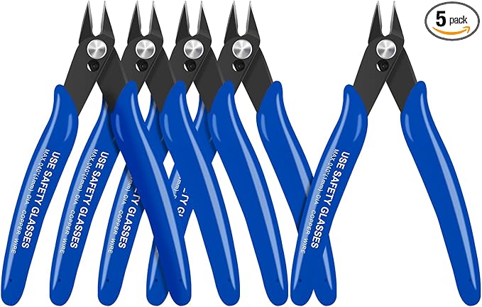 HongWay 5pcs Micro Flush Cutters With Internal Spring, 5 Inches Blue - Side and Diagonal Cutters for Electronics, Heating Wire, Model Sprue, Soft Copper Wire Snips