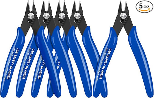 HongWay 5pcs Micro Flush Cutters With Internal Spring, 5 Inches Blue - Side and Diagonal Cutters for Electronics, Heating Wire, Model Sprue, Soft Copper Wire Snips