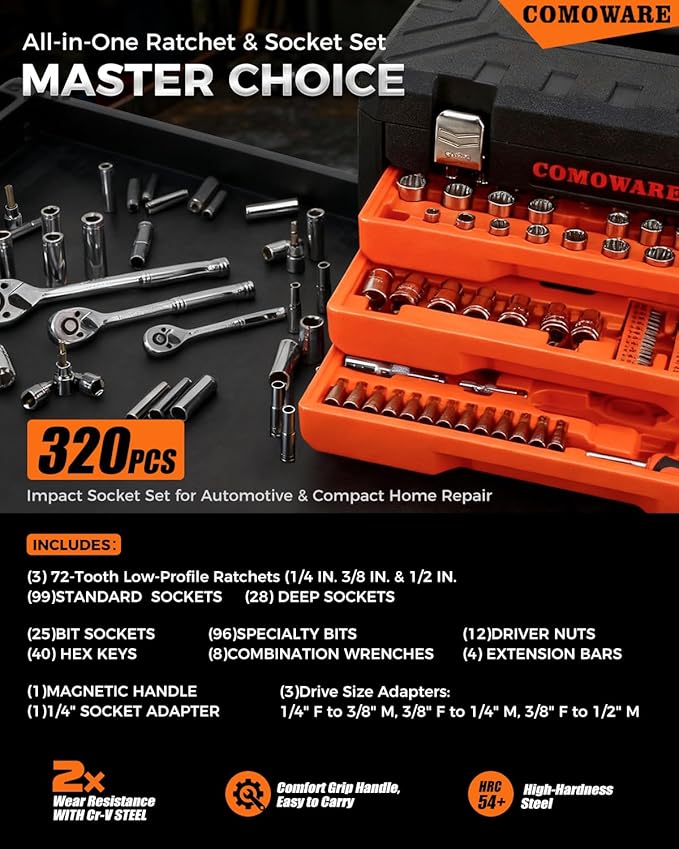 COMOWARE 320-Piece Master Mechanic Tool Set with Case, 1/4??3/8??1/2??Drive SAE & Metric Socket Wrench Set, Includes 72T Ratchet Set, CR-V Steel, Hex Keys & Specialty Bits for Auto Repair & DIY