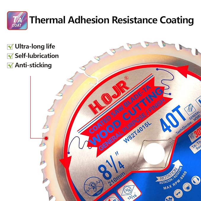 Circular Saw Blade Woodworking TA Series, 8-1/4" 40-Tooth, Arbor: 5/8", Finishing/General Purpose Wood Cutting, Anti-Thermal Adhesion Coating on Cutting Head -TA, 8-1/4" 40T TA