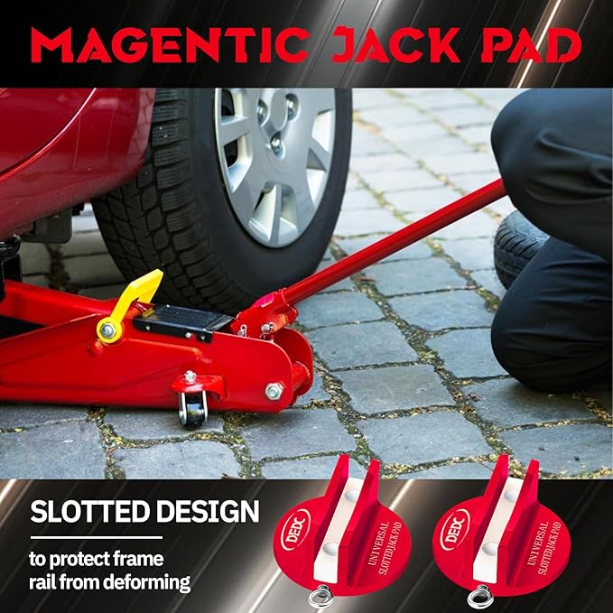 DEDC Universal Pinch Weld Jack Pad 2 Pcs Red, Magnetic Aluminum Jacking Puck Frame Rail Protecotr with 2 Reminder Streamers Compatible, Garage Accessories for Mechanics