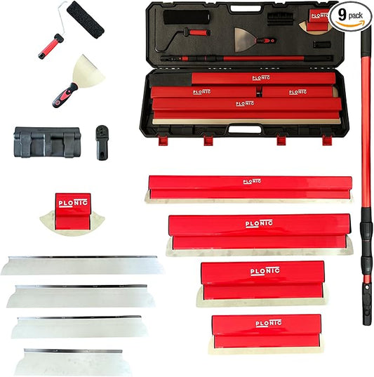 Drywall Skimming Blade Set with Portable Case, Stainless Steel 10", 14", 24", 32" & 40" Skimming Blades with 40"-84" Extension Handle, Drywall Finishing Tools