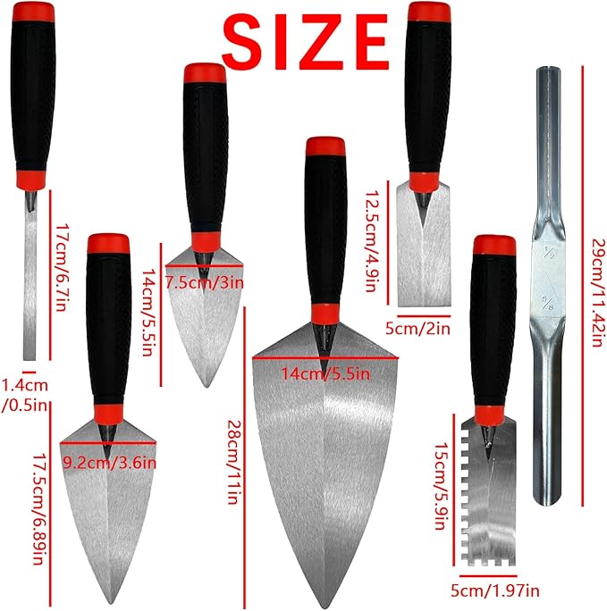 7 PCS Bricklaying Knife Tool Set, Pointed Knife And Flat Serrated Knife Set, Brick Joint Slotting Tool, Rubber Handle, Concrete, Cement, Mortar, Tile, Bricklaying And Putty Knife