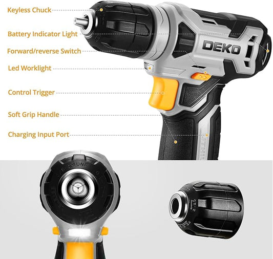 DEKOPRO 8V Cordless Drill, Drill Set with 3/8"Keyless Chuck, 42pcs Acessories, Built-in LED, Type-C Charge Cable, Gray Power Drill for Drilling and Tightening/Loosening Screws