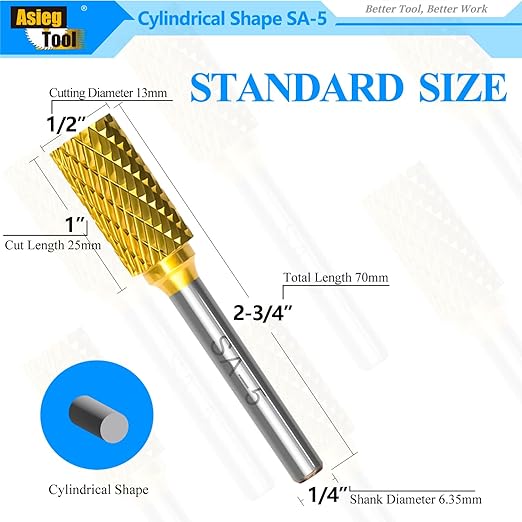 SA-5 5pcs Tungsten Carbide Burr TiN Rotary File Cylindrical Shape Double Cut for Die Grinder Drill Bits 1/4'' Inch Diameter of Shank and 1/2'' Inch Diameter of Cutter 1'' Inch Cutter Length