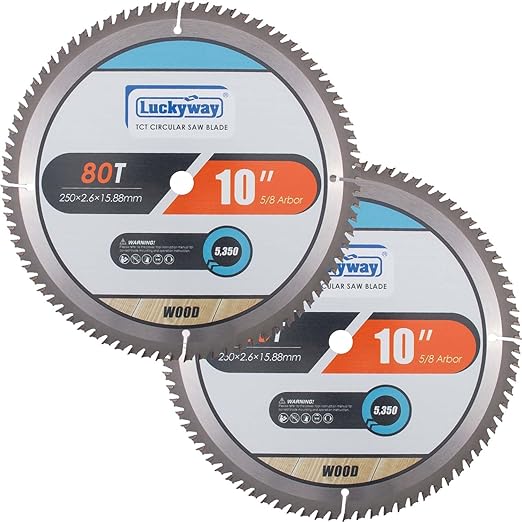 Luckyway 10 Inch Table Saw Blade, Miter Saw Blade 2-Pack, 80T Fine Finish Professional Woodworking with 5/8 Inch Arbor TCT Saw Blade for Table Saw and Miter Saw