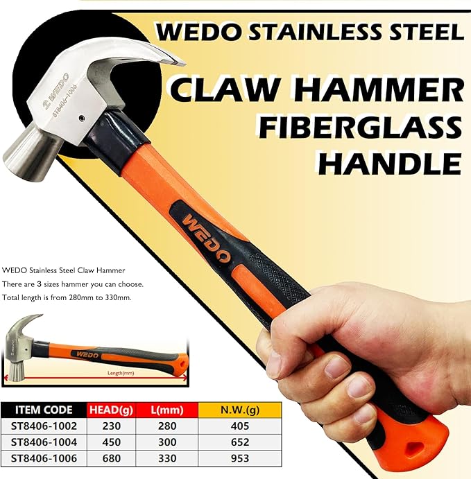 WEDO Claw Hammer with Fiberglass Handle,8oz Stainless Steel Framing Hammer,Length 280mm(11"),Shock Resistant,Corrosion Resistant,Rust Proof, Die-forged
