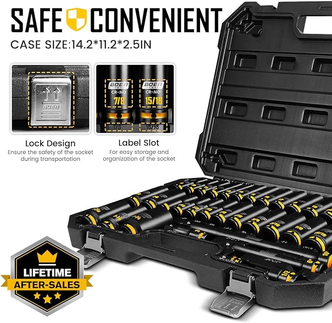 boen 1/2'' Drive Impact Socket Set, 35PCS SAE (3/8 to 1-1/4 inch) and Metric (8mm-24mm), Deep Socket Set, 6-Point with Yellow Embossed Marking, CR-MO
