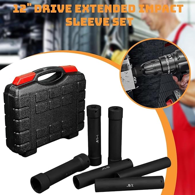 1/2 Inch Drive Extended Length Impact Socket Set, 6 Piece Extra Deep Impact Socket Set, Hex Size 3/4", 7/8", 15/16", 1-1/16", 1-1/8", 1-1/4", for High Torque Use with Case