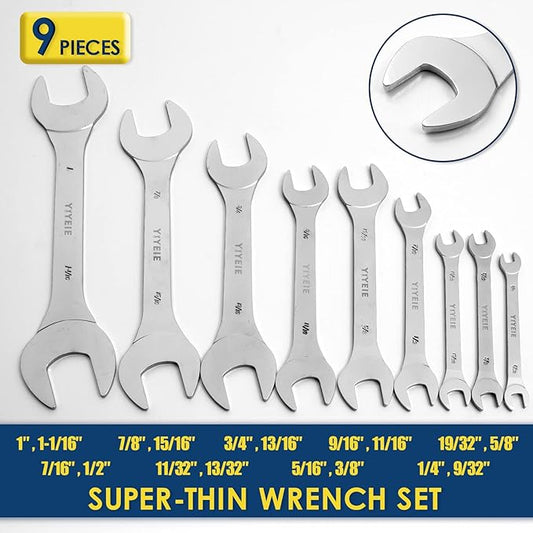 YIYEIE Super-Thin Open End Wrench Set, 9-Piece SAE, 1/4" to 1-1/16", Chrome Vanadium Steel With Mirror Polish, Ultra-Slim Wrench Set with Rolling Pouch