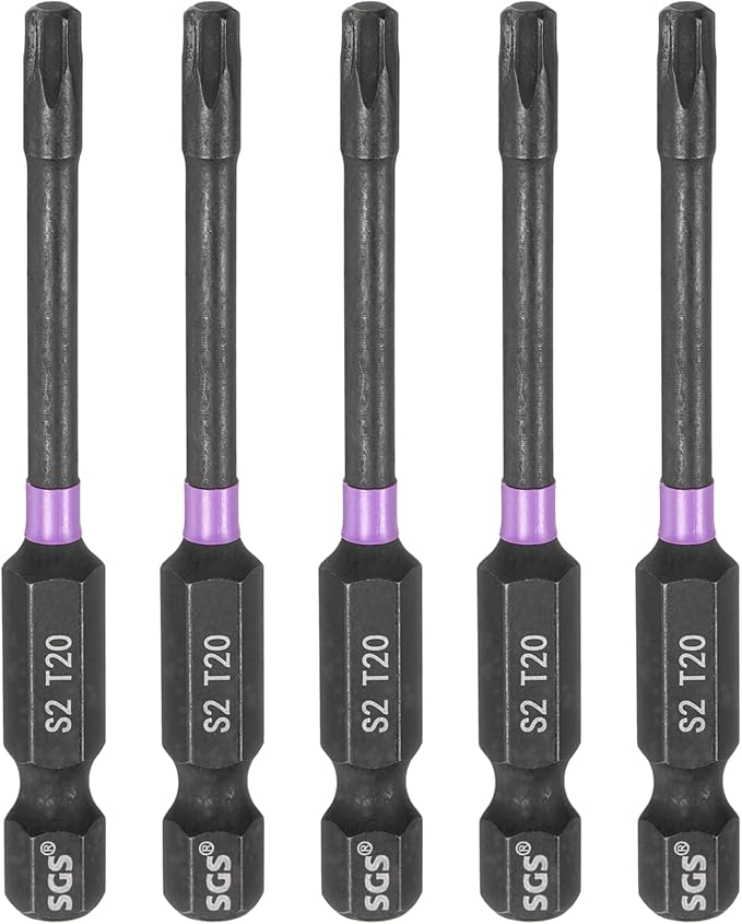 HARFINGTON 5pcs T20 Torx Head Impact Screwdriver Bits 1/4" Hex Shank 2.6" (65mm) Long Magnetic No Hole Tamper Proof 6 Point Star Screw Driver Drill Bits Phosphate S2 Steel Power Tools
