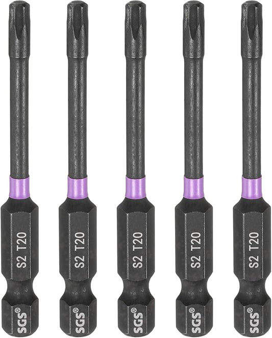HARFINGTON 5pcs T20 Torx Head Impact Screwdriver Bits 1/4" Hex Shank 2.6" (65mm) Long Magnetic No Hole Tamper Proof 6 Point Star Screw Driver Drill Bits Phosphate S2 Steel Power Tools