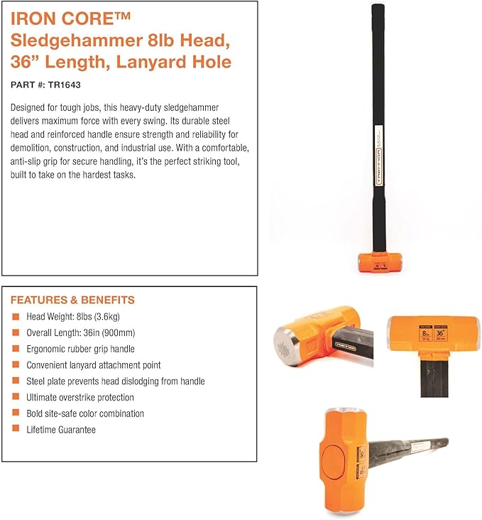TREMMOR | IRON CORE Sledge Hammer (8 LB. Head, 36 inch Handle)