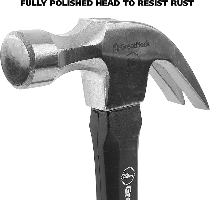 GreatNeck HG16C 16 Oz. Fiberglass Curved Claw Hammer, Household & Industrial Construction Hammer, Drive & Pry Nails, Frame a Home Addition, Fix a Leaky Roof, & More, Rugged Fiberglass Handle