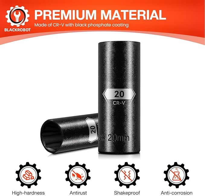 1/2 Inch Drive 6-Point Deep Socket, 20mm Deep Impact Socket, CR-V Steel