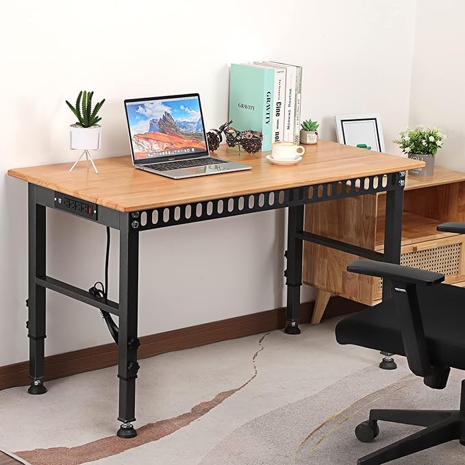 48 "Adjustable Workbench with Power Outlet, Heavy Duty 2000 LBS Load Capacity Hardwood Workbench Suitable for Workshop, Office, Garage, Home