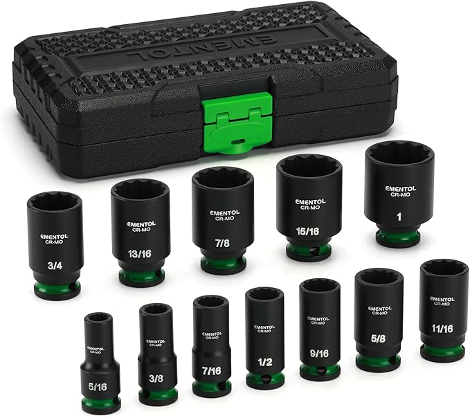 EMENTOL 3/8" Drive Impact Socket Set, Semi-Deep Sockets, 12 Pieces, Standard SAE (5/16"-1"), 12 Point, CR-MO, Stamped and ink filled