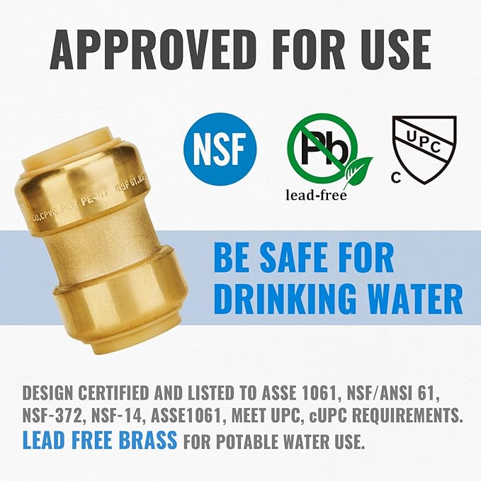 SUNGATOR 1-Inch Push-Fit Straight Coupling, Push-to-Connect PEX, Copper, CPVC, No Lead Brass Plumbing Fittings with Disconnect Clip (2-Pack)