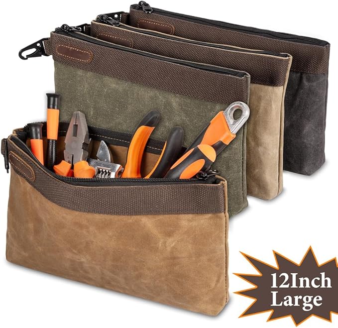 Waxed Canvas Tool Pouches 4 Pack ??11-Inch Heavy-Duty Zipper Tool Bags Set, Waterproof Utility Storage Pouches for Tools, Cables, Gear & Supplies ??Rugged Tool Organizer Bags