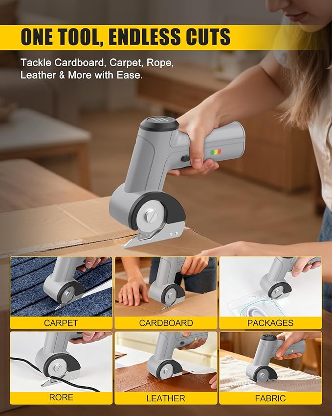 2026 New Cordless Electric Scissors, 4V Rechargeable Cardboard Cutter with Dual Blades for Thin Cardboard Boxes, Carpets, and Leather - Easy Blade Replacement, Grey
