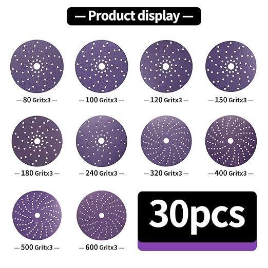 Kingcattle|6 Inch Cyclone Holes Hook & Loop Sanding Discs Assortment |30 Pc 80 to 600 Grit Heavy-Duty |Multi-Hole Pattern,Virtually Dust-Free, High Performance, Long Lasting,Feather Edging