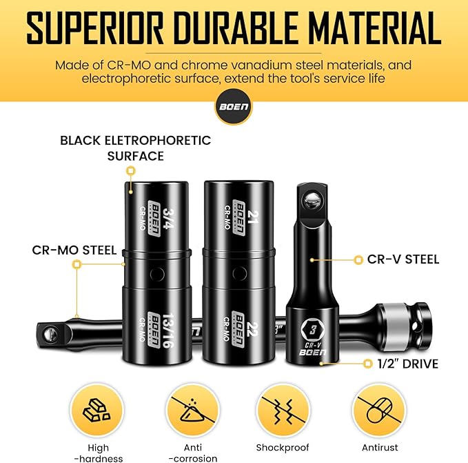 boen 9PCS 1/2" Drive Impact Flip Lug Nut Socket And Torque Limiting Extension Bar Set, 8" Long Impact Torque Sticks, Metric & SAE Double-Sided Sockets, 3" Extension Bar & Storage Case