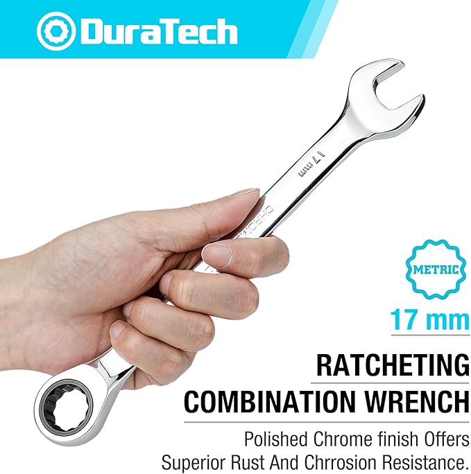 DURATECH 17mm Ratcheting Combination Wrench, Metric, 72-Tooth, 15-Point, CR-V Constructed with Mirror Polish