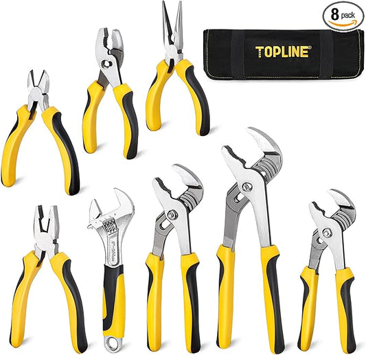 TOPLINE 8-Piece Pliers and Wrench Set, 8??Adjustable Wrench, 12?? 10?? 8??Groove Joint, 7??Linesman, 6??Slip Joint, 6??Long Nose, 6??Diagonal Pliers for Home Repair, Rolling Pouch Included