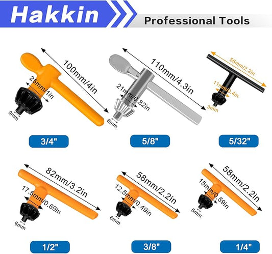 Hakkin 6 Sizes Drill Chuck Key Wrench, 3/4" 5/8" 1/2" 3/8" 1/4" 5/32" Carbon Steel Heavy Duty Thumb Handle Replacement Drill Chuck Key Wrench, Electric Drill Clamping Tool