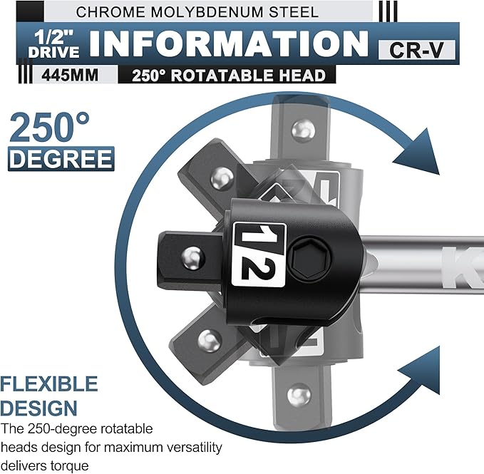 17.5-Inch 1/2??Drive Breaker Bar, Heavy Duty Extension Breaker Bar, 250째 Rotatable Head, Premium Chromium Molybdenum Steel, Mechanical Work, Automobile and Motorcycle Maintenance and Repair