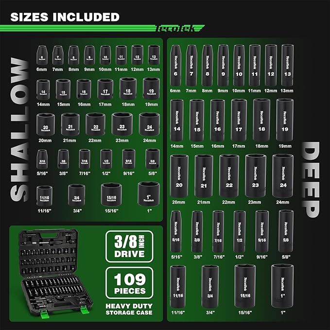 3/8" Drive Impact Socket Set, 109-Piece SAE (5/16"-1") and Metric (6mm-24mm), Deep & Shallow, 6 Point, Adapters, Ratchet Handle, Screwdriver Bit Set, Spark Plug Socket