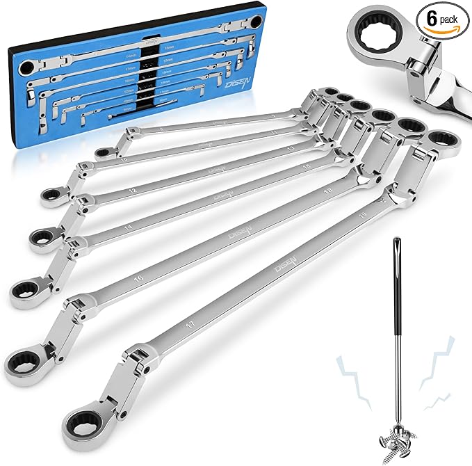 DISEN Double Jointed Extra Long Flex Head Ratchet Wrench Set, 6 PCS Metric 8-19mm Box End Ratcheting Wrench with a Magnetic Pickup Tool Kit, 72-Teeth, Cr-V Steel,12 Point Combination Wrench set