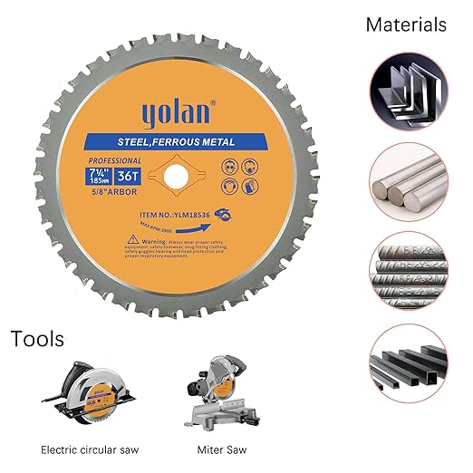 Yolan 7 1/4” Metal Cutting Circular Saw Blade, 7-1/4-Inch 180 Blade,36-Tooth,Carbide Tipped, 5/8-Inch Arbor, Diamond Knockout Arbor for TCT Miter Saw Blade, Cutting Ferrous Metal & Steel