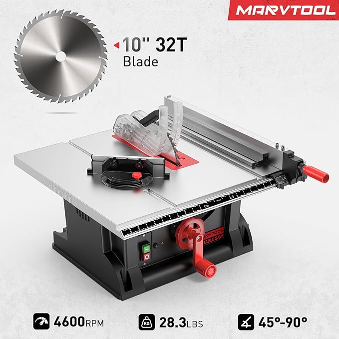 4600RPM Portable Table Saw 10 inch, 15Amp Tablesaw, 90°Cross Cut & 0-45°Cutting, Multifunctional Benchtop with 36T Blade for DIY, Furniture Making, Woodworking