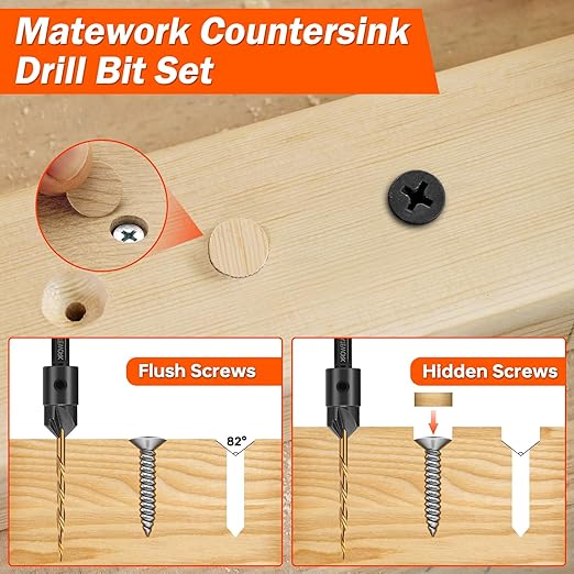 Countersink Drill Bit Set, Matework 11 PCS Counter Sink Drill Bit for Wood, Upgrade 4-Flute #4, #6, #8, #10, #12, Adjustable Depth M2 Cobalt HSS Wood Drill Bit Set with 1/4" Hex Shank and Storage Box