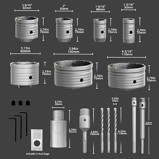 CATITO 19 Pcs Concrete Hole Saw Set, 30/40/50/65/80/100/110mm Concrete Hole Saw Kit, Masonry Hole Saw, Connecting Rods for SDS Plus & SDS Max, 5pcs Dust Bag, Cement|Brick Stone|Wall