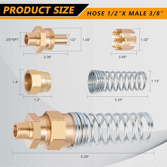 Brass DOT Air Brake Hose End Fitting, 1/2??Hose x 3/8??Male Connector with Spring Guard, Air Brake Hose Fitting - 2 Pack