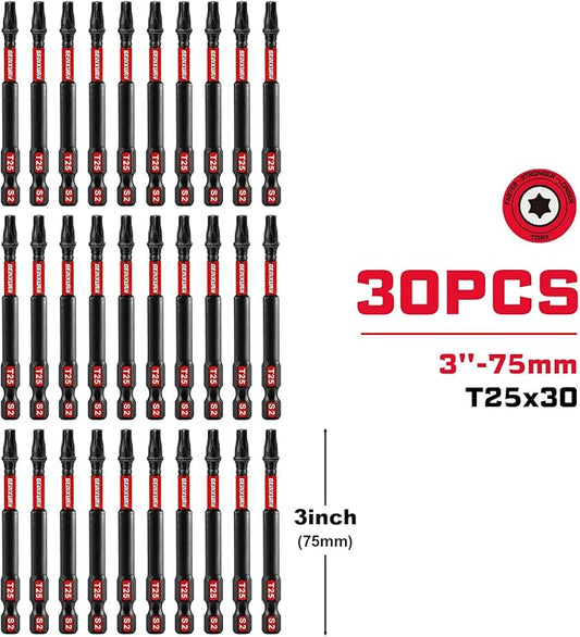 30 Pieces T25 3In. Impact Tough Magnetic #25 Torx Head Power Bits, S2 Alloy Steel T25 Screwdriver Bits Set