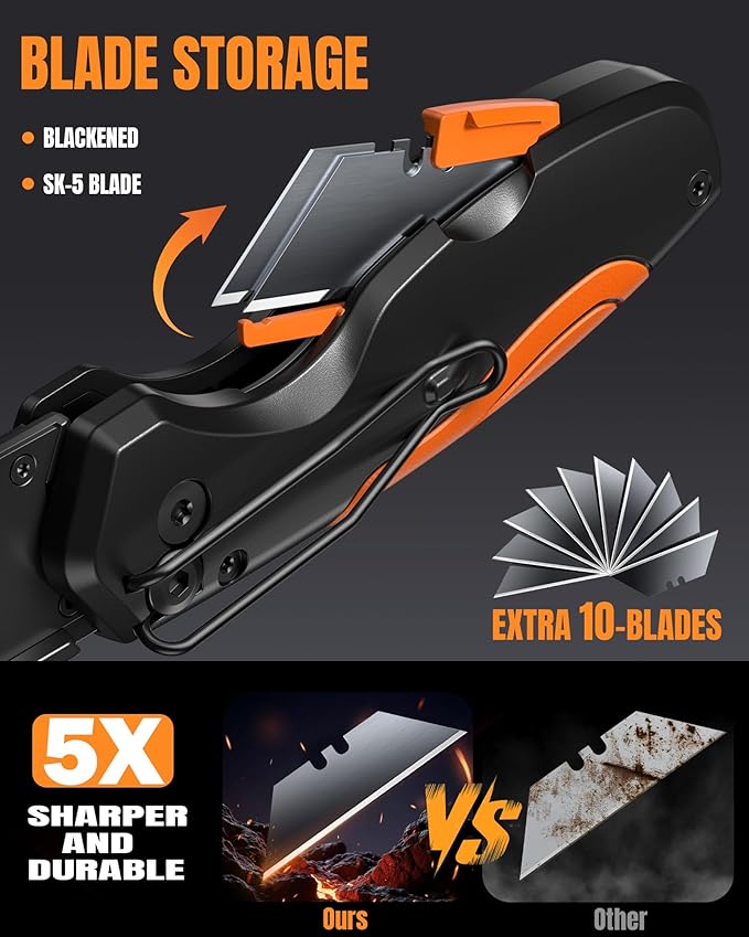 【4-in-1】 Multitool Folding Utility Knife Box Cutter, Navajas para Trabajo, Quick-Change Knife, 【Belt Clip】【Blade Storage】, Gifts for Fathers Dad Papa, Extra 10 SK5 Blades Included