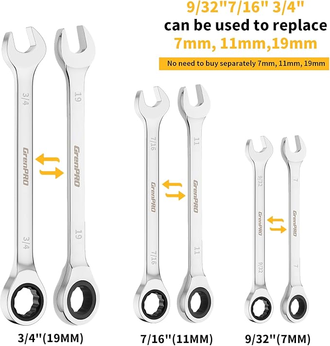 GRENPRO Ratcheting Wrench Set, Combination Wrench Set, 22-Piece SAE & Metric and Standard, 72Th Long Open End, 1/4" to 3/4" & 6-18mm, Organizer With Roll Up Pouch, CR-V Socket Mechanic Hand Tools Sets
