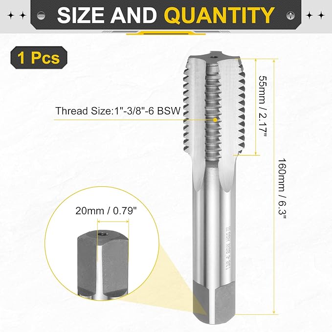 uxcell Hand Bottom Tap 1"-3/8"-6 BSW 2B Thread Bottoming Style Threading Taps High Speed Steel HSS6542 Straight Flutes Screw Tapping Tool